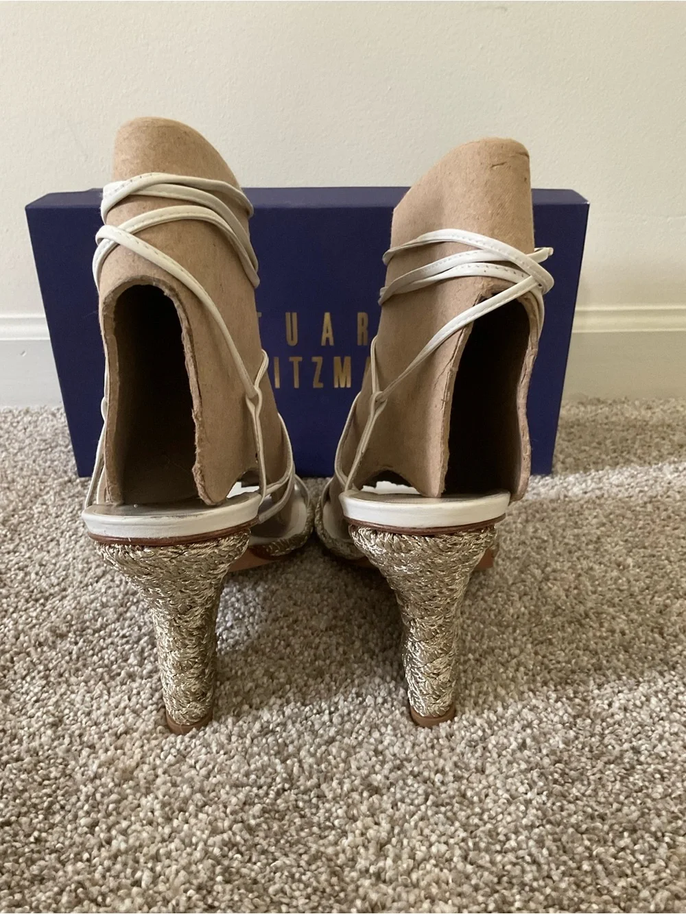 Stuart Weitzman White Strappy Espadrille Wedges with Blue Bead Accents - Picture 3 of 10
